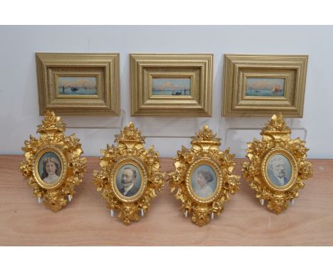 Three gilt framed turn of the century oil on boards, depicting scenes in Venice, each frame 16cm x 21cm, together with four p