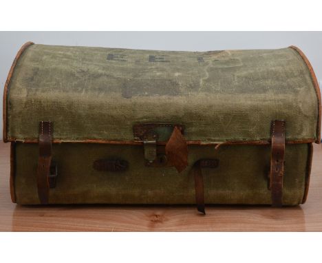 A large early 20th century leather and Canvas trunk, E.E.T. monogramed to the lid, Drew &amp; Sons retail label in the inside