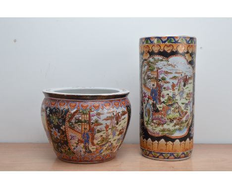 A modern chinese ceramic fish bowl,  24.5cm H x 32cm W, together with a stick stand 45cm H, AF (2)