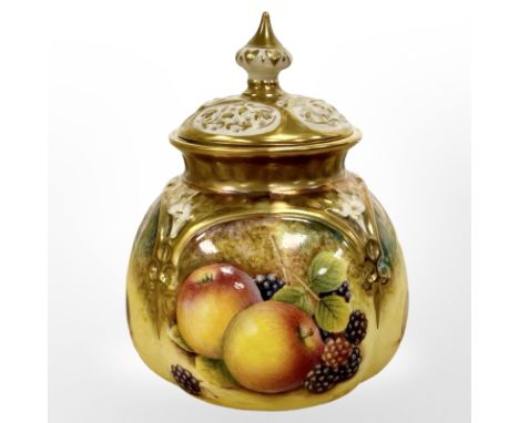 A Royal Worcester pot pourri with cover, hand-painted with panels of fruit by D Fuller, black mark to base, shape number 175,