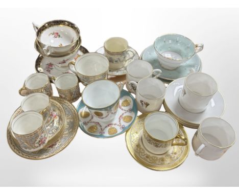 Various porcelain teacups and saucers including Aynsley, Cauldon, Copelands, Royal Worcester coffee cans depicting fox huntin