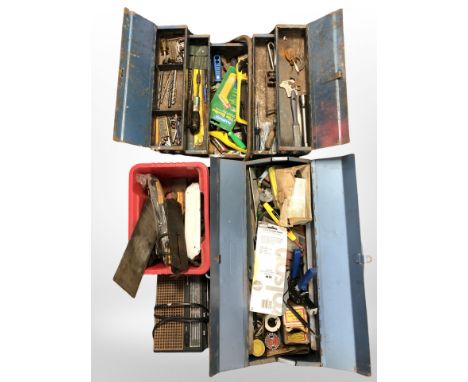 Several tool boxes containing assorted hand tools, scales, a Pye radio, etc.