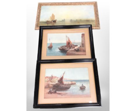 A pair of antiquarian colour prints after Young depicting fishing boat scenes, and a further print depicting a river, largest