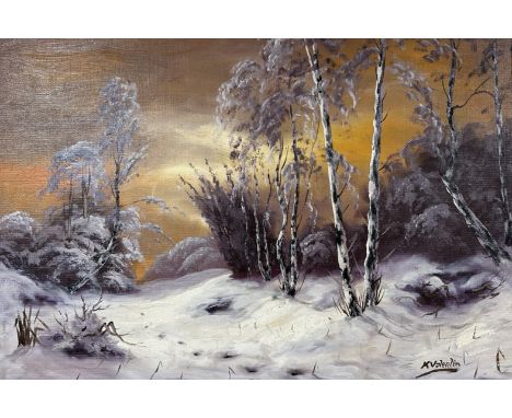 K Valentin : A woodland snow landscape, oil on canvas, 66cm x 45cm.