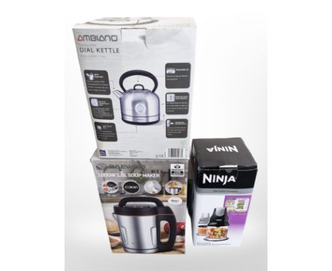 Six boxed home appliances including kettle, Krups coffee grinder, Blaupunkt oil radiator etc 