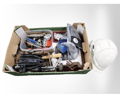 A quantity of tools and hardware, hard hat, mini air compressor, etc. (1 box)
