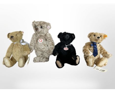 Four Steiff teddy bears including Josef, Father, 1910 limited edition, and Appolonia Margarete, all with tags.