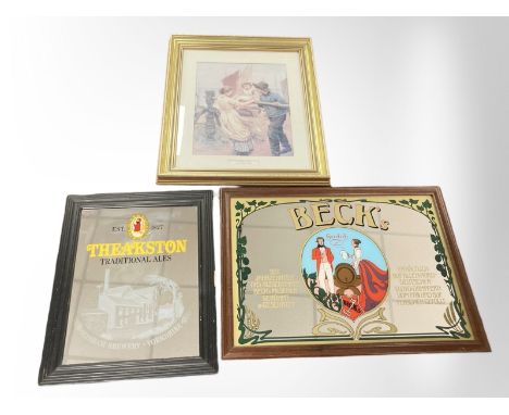 A Theakston advertising mirror, Becks mirror and gilt framed print, largest 62 cm x 47 cm 