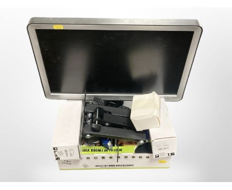 A group of home security items including Philips monitor, digital network video recorder, CCTV cameras, wall bracket