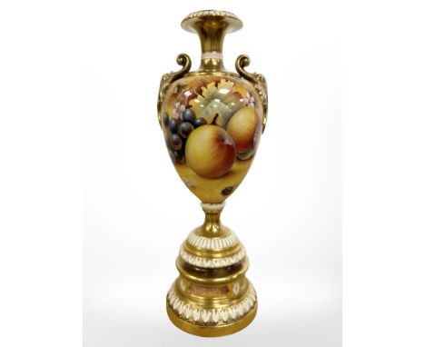 A Royal Worcester pedestal vase, hand-painted with panels of fruit by P English, black mark to base, shape number 1969/3, hei