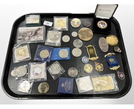 A group of coins, Grand Lodge medals, WWI British War Medal named to 2496 SPR G R Lillico R E, etc 