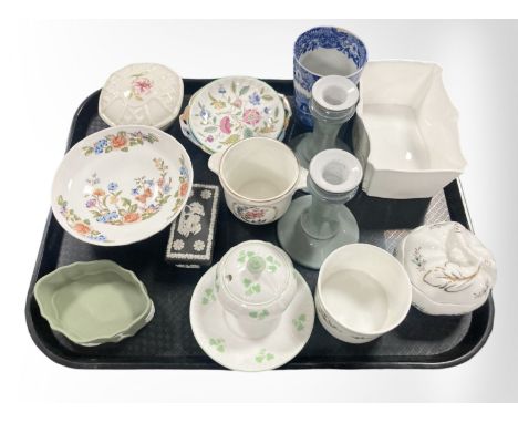 A Shelley preserve pot and dish, Wedgwood Jasperware trinket boxes, Aynsley pedestal bowl, pair of earthenware candlesticks, 