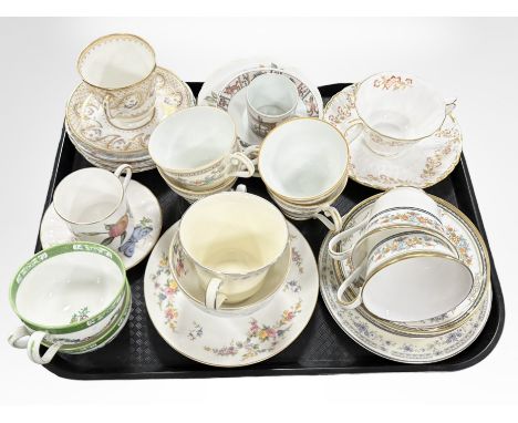Various porcelain teacups and saucers including Minton Asquith, Minton Bellemeade, Minton Spring Flowers, Royal Crown Derby B