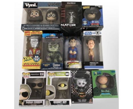 11 Funko and other figurines including Harry Potter, Star Wars, DC, Rick and Morty, etc., boxed.
