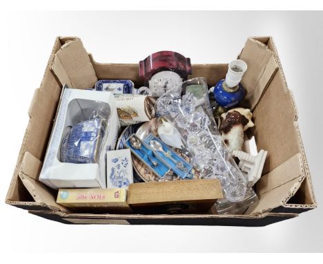 A group of Ringtons blue and white ceramics, quartz mantel clock, collector's spoons, ceramics ornaments, etc. (1 box)