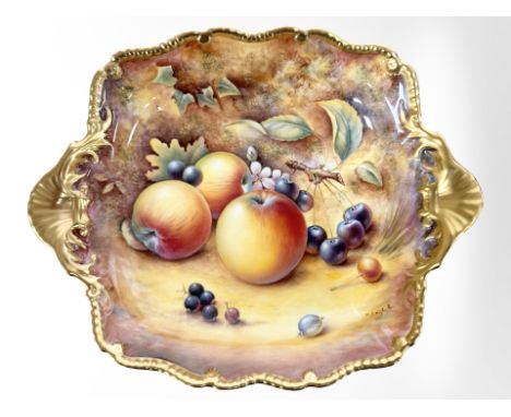 A Royal Worcester Tudor Tray, hand-painted with panels of fruit by P English, black mark to base, width 28.5cm, boxed with ce
