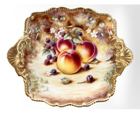 A Royal Worcester Tudor Tray, hand-painted with panels of fruit by Patricia Done, black mark to base, width 28.5cm, with cert