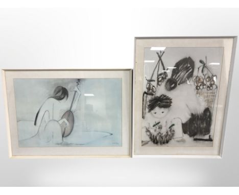 A colour lithograph after Ha Van Vuong, together with one other, overall 97cm x 70cm.