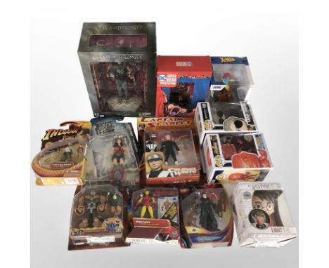 11 Funko, Bandai, and other figurines and toys including Marvel, Harry Potter, Game of Thrones, etc., boxed.
