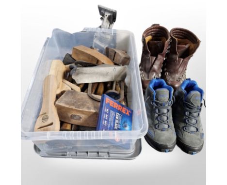A group of carpentry tools including Stanley Bailey No. 4 wood working plane, mallets, pair of walking boots, pair of leather