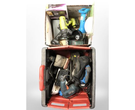 A quantity of power tools including Bosch, halogen lights, etc. (2 boxes)