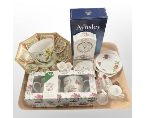 An Aynsley Howard Sprays porcelain mantel time piece, Noritake octagonal bowl, V & A Museum Rosamond china mugs, Spode Countr