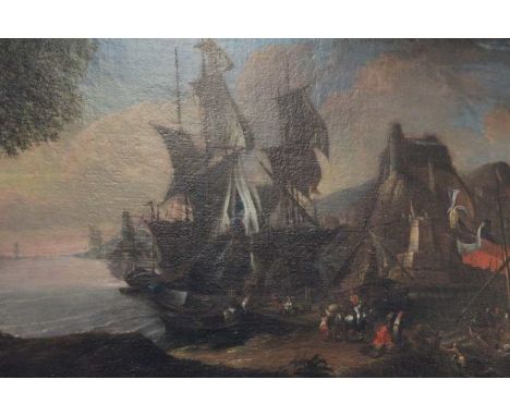 A Seascape 18th /19th century oil on canvas Continental school, Vessels in a Continental port, 49cm x 86cm unsigned in moulde