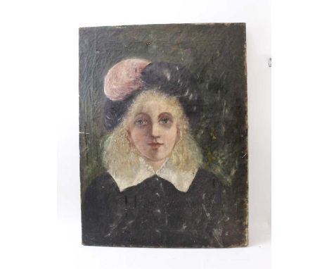 Late 19th century European school, Portrait, wearing pink plumed hat, unframed oil painting on canvas,62cm x 46cm