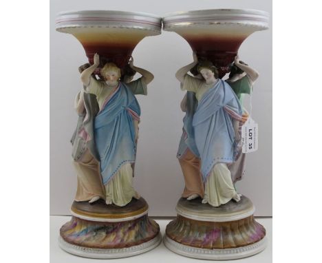 A pair of Continental ceramic centrepieces, classical figure stems, painted in polychrome, c.1900, 30cm high