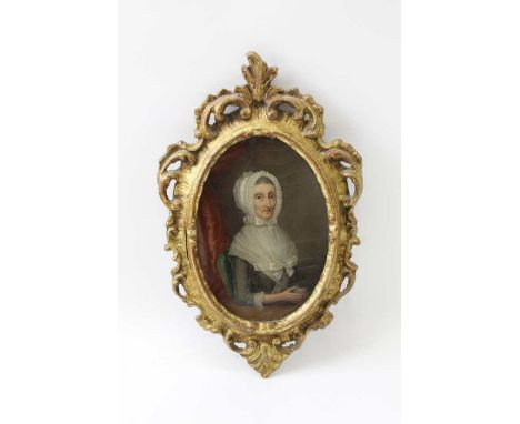 18th century English school, oil painting miniature portrait of a lady (Great Aunt of sculptor John Bell), label en verso, 17