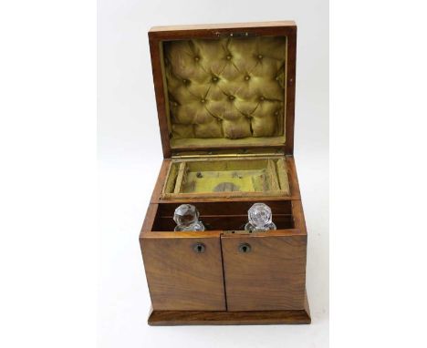 A Victorian dressing table box, opens to reveal drawers and bottles within, 18cm wide / box is sound, silk has perished, both