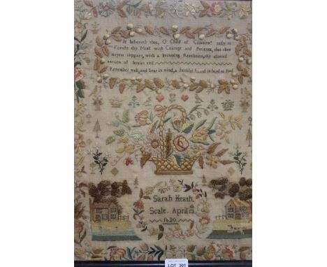 A first quarter 19th Century needlework sampler by Sarah Heath, Scale April 13th 1820, depicting verse, buildings and flowers