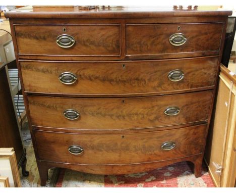 A flame mahogany fronted bow-fronted two over three chest of drawers, on plain splayed feet, 104cm x 104cm