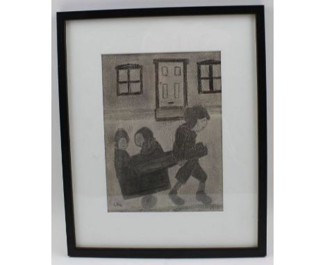 In the style of Lowry, Children playing with their homemade cart, pencil drawing, 19cm x 14cm, framed, mounted and glazed&nbs
