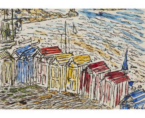 Basil R&aacute;k&oacute;czi,&nbsp;British/French 1908-1979 -&nbsp;Beach Huts;&nbsp;ink and watercolour on paper, signed lower