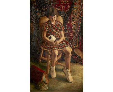 Georges Aglane, Belgian 1912-1994 - Portrait of a girl seated full-length holding a guinea pig, 1938;&nbsp;oil on canvas, sig