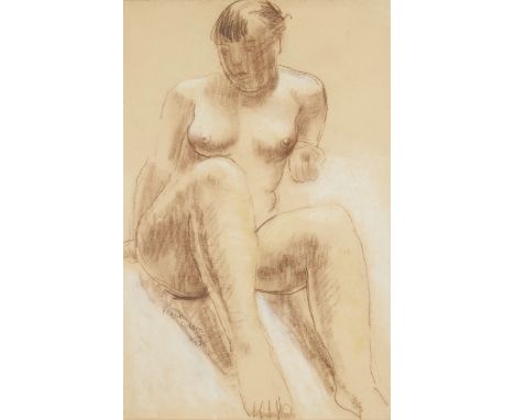 Frank Dobson RA, British 1886-1963 -&nbsp;Seated Female Nude, 1953;&nbsp;chalk and coloured chalk on paper, signed lower left