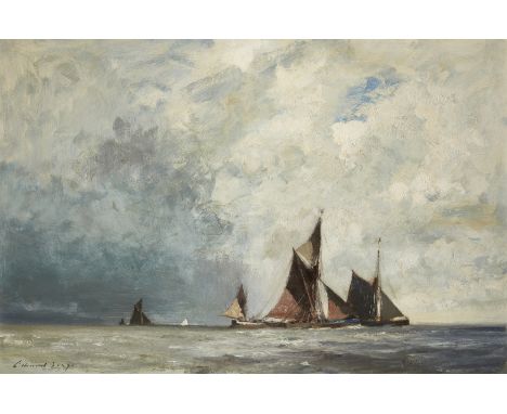 Edward Seago RWS,&nbsp;British 1910-1974 -&nbsp;Spritsail Barges Racing in the Harwich Estuary;&nbsp;oil on board, signed low