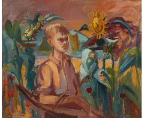 Phyllis Bray,&nbsp;British 1911-1991 -&nbsp;Boy with sunflowers;&nbsp;oil on canvas, signed with initials lower left 'PB', 63