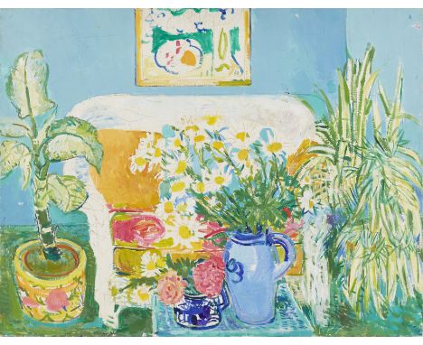 Beatrice Rozenberg,  British 1913-1995 - Interior with daisies, c.1975;   oil on canvas, 71.5 x 92 cm  (unframed) (ARR)   Pro