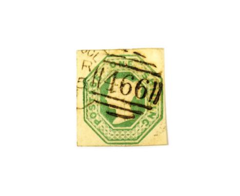 GB. 1847 1/- embossed green, premium copy Superb Used 4 clear margins, extremely light horizontal crease top left.           
