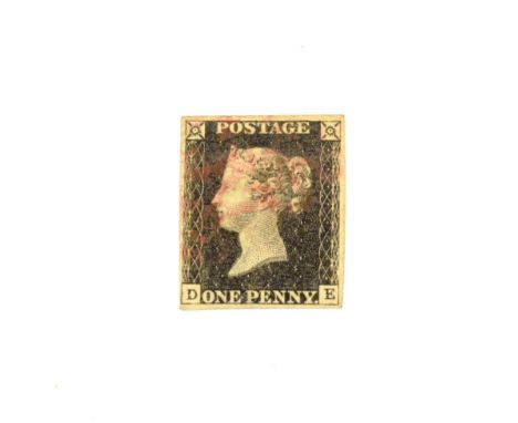 1840 1d Black Lettered D-E- Fine With 4 Margins and a light red MX cancel. Blunt corner bottom left. 