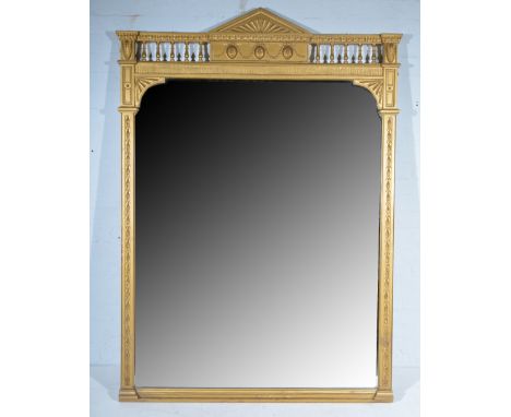 Late Victorian over-mantel mirror, architectural galleried pediment, rectangular plate, 183cm x 135cm.