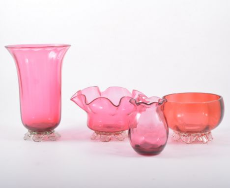 Cranberry glass flared vase 19cm, oil lamp three bowls, wine gasses and beakers and ruby glass