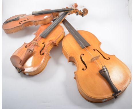 A Viola, 44cm, single piece back and four violins, (5).