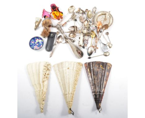 A tray of small collectables, three vintage fans, a silver penknife, two 800 standard pin trays, silver and plated souvenir s