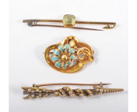 Three vintage brooches, a seed pearl arrow brooch 60mm long, a turquoise floral enamel brooch, a 65mm bar brooch marked 15ct 