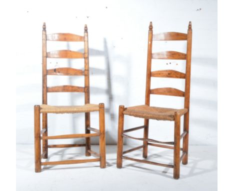 Pair of ladder-back 'Shaker' chairs, rush seats, 105cm; and a pair of Edwardian salon chairs, buttoned cotton upholstery, wid