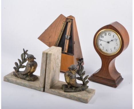 Edwardian mahogany mantel clock; pair of oak barley twist candlesticks; miniature oak chest of drawer; metronome; bog oak shi