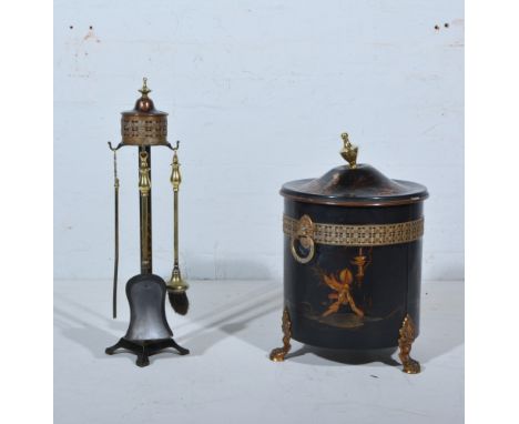 Toll Ware and lacquered coal bucket with a brass urn finial, ring handles and three paw feet, height 51cm; together with a ma